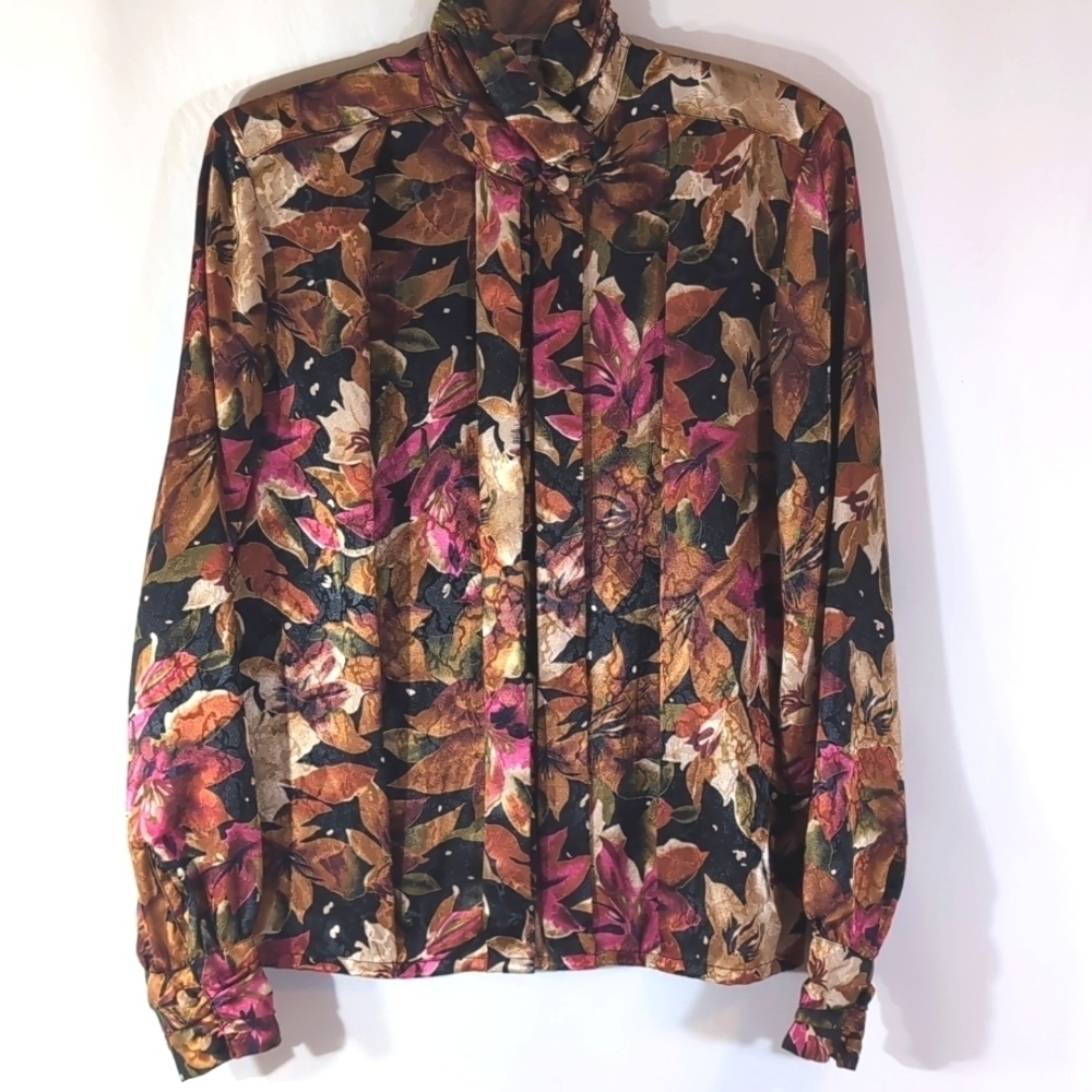 E J Harper Brown Black Rose Green Floral  Dress Suit Blouse Size 6